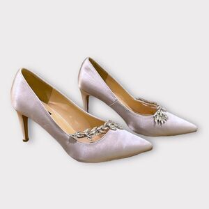 Silver Satin Evening Heels with Rhinestones Size 9.5